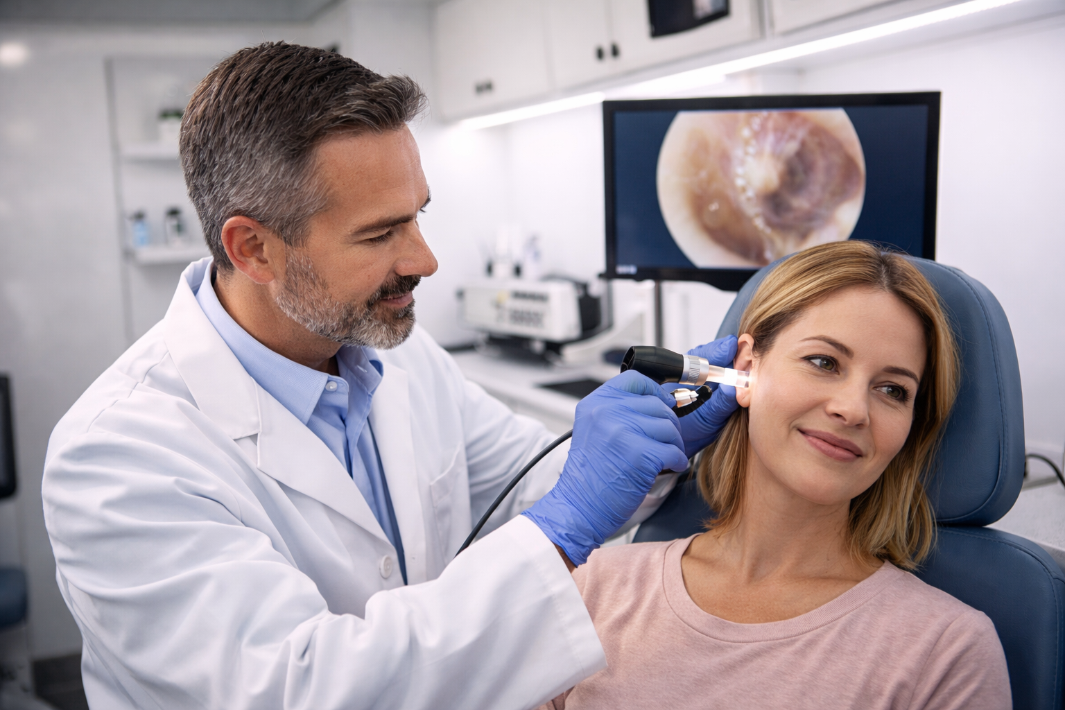 VanGo Ear Care professional performing ear cleaning on a smiling female patient, HD ear canal view visible on screen behind