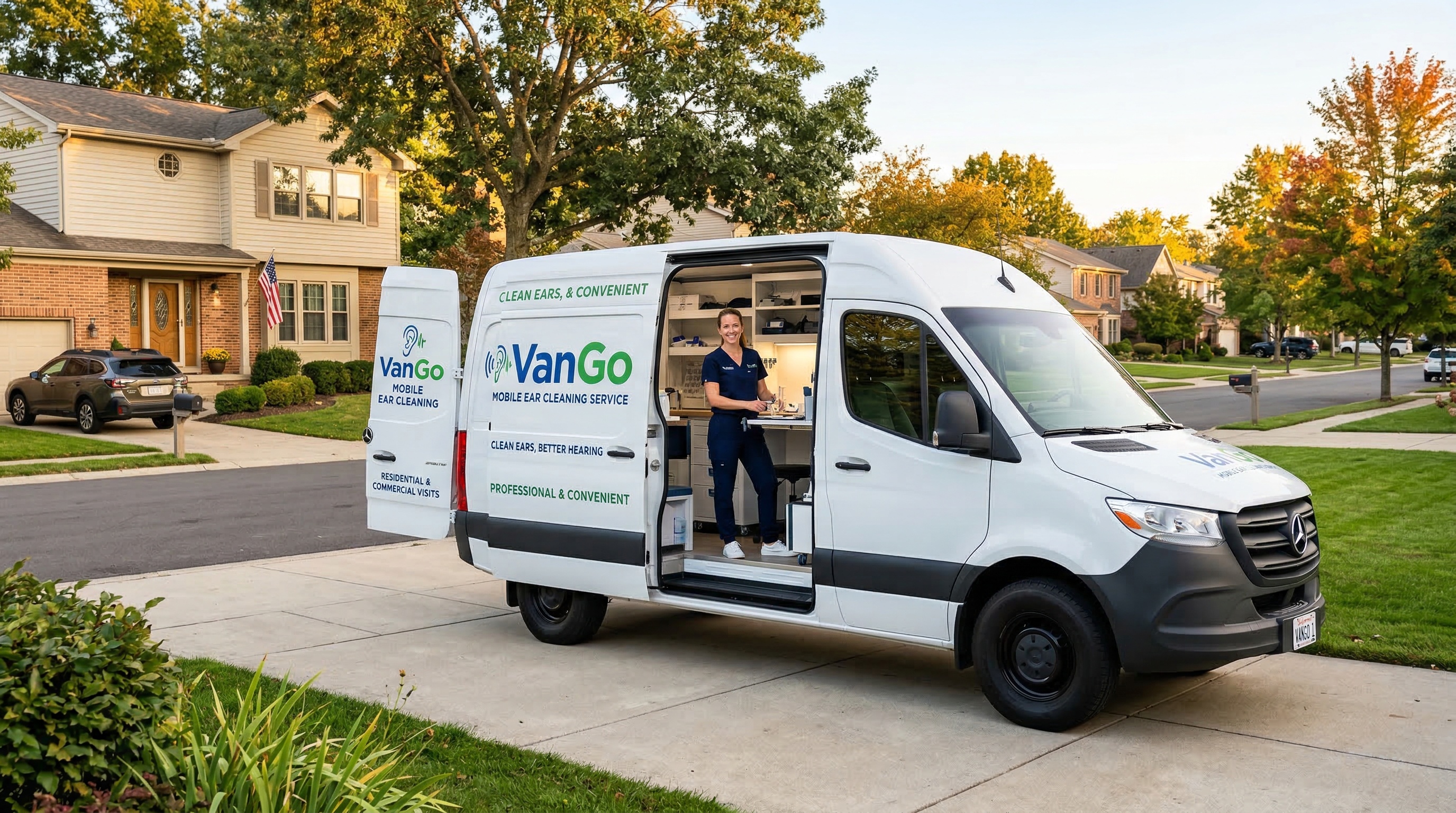 VanGo Ear Care branded Sprinter van parked in a sunny suburban driveway — VanGo Ear Care, Mobile Ear Cleaning Clinic