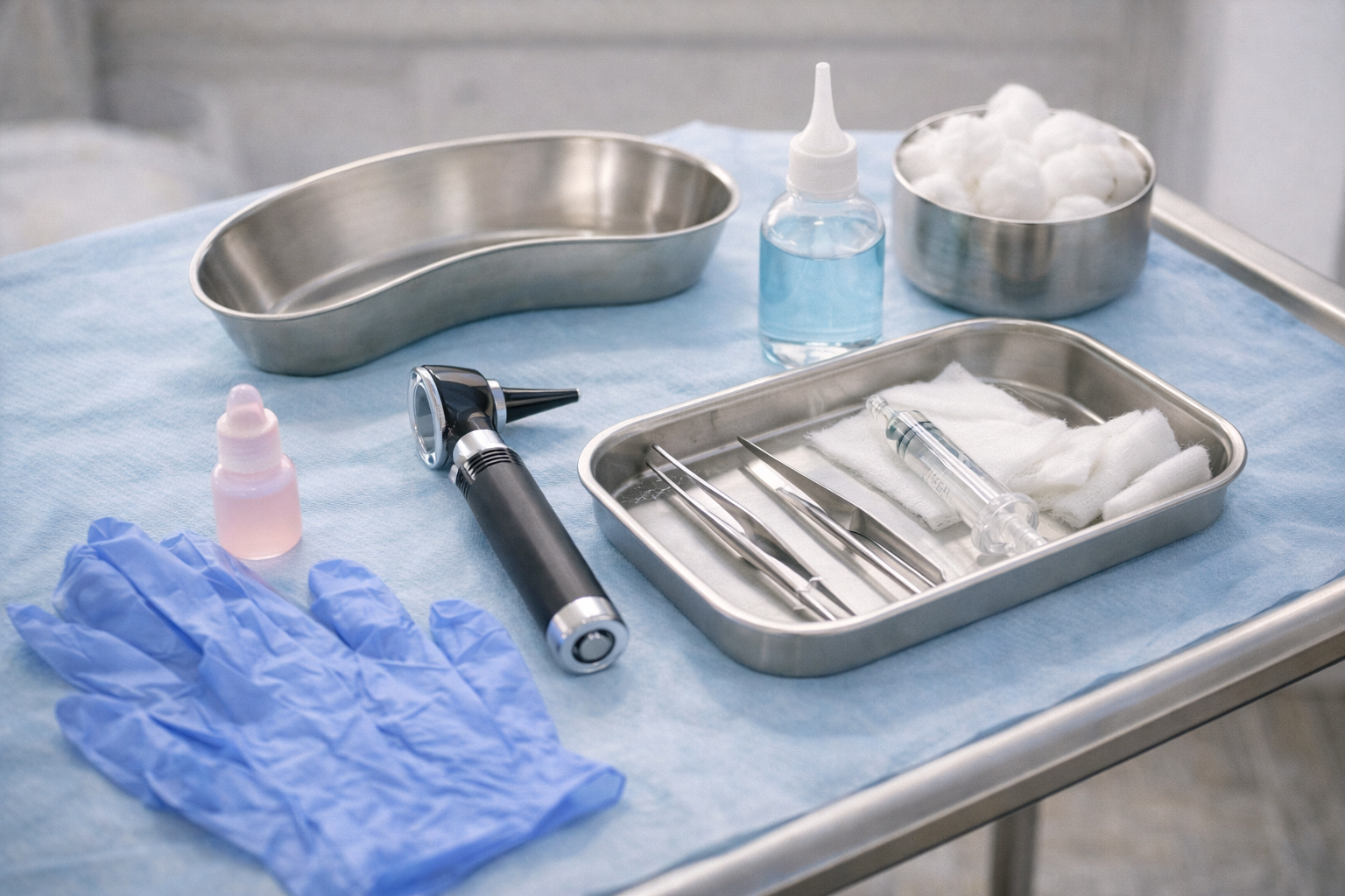 Professional ear cleaning tools and otoscope laid out on a sterile medical tray — VanGo Ear Care equipment
