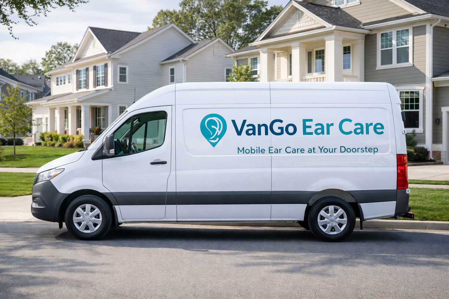 VanGo Ear Care branded Sprinter van parked at a residential home