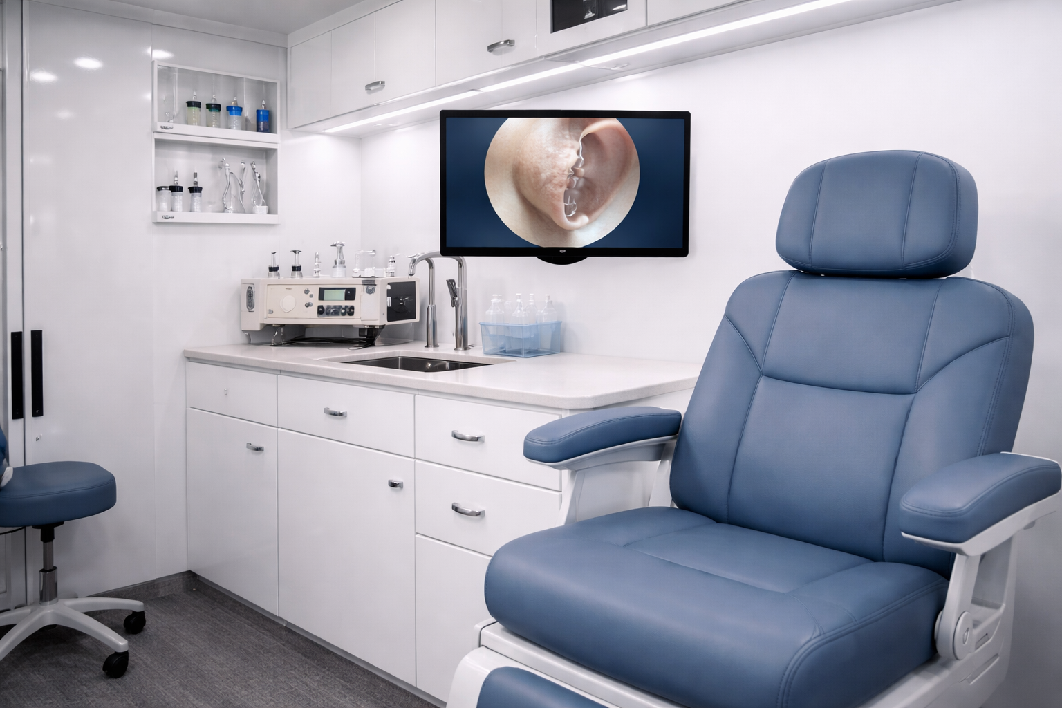 Inside the VanGo Ear Care mobile clinic: blue treatment chair, HD otoscope screen, and medical equipment